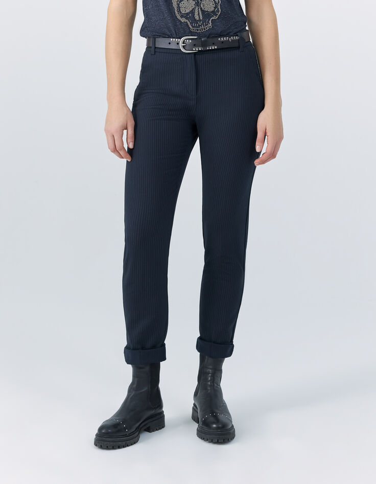 Pantalón de traje recto azul marino rayas tenis mujer-1
