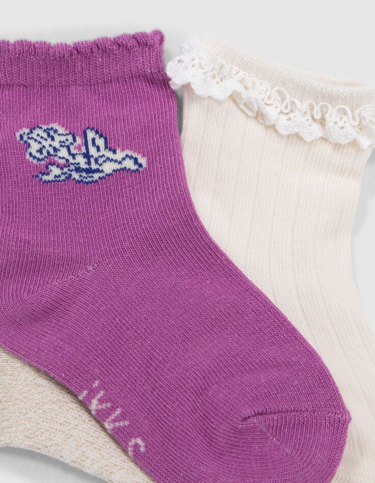 Chaussettes &eacute;crues, mauve et dor&eacute;es b&eacute;b&eacute; fille-3