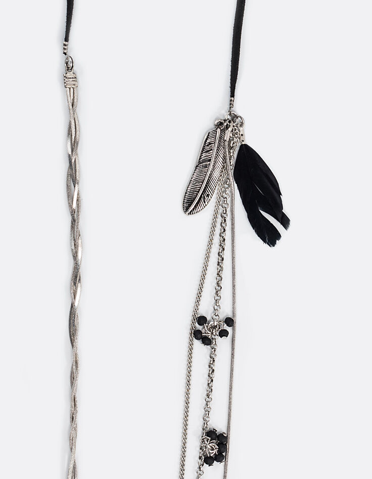Sautoir fantaisie plumes et grappes perles femme-3