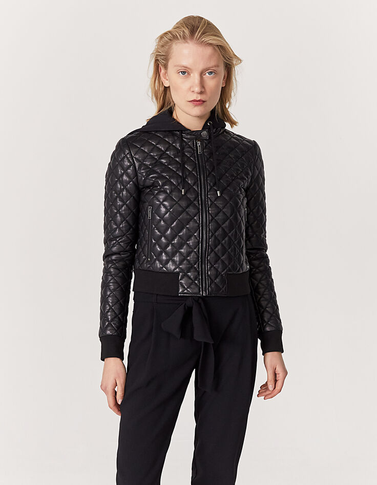 Chaqueta corta capucha piel cordero acolchada negra mujer-2