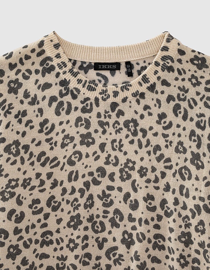 Pull sable chiné pailleté à motifs léopard fille -2 Pull sable chiné pailleté à motifs léopard fille -2