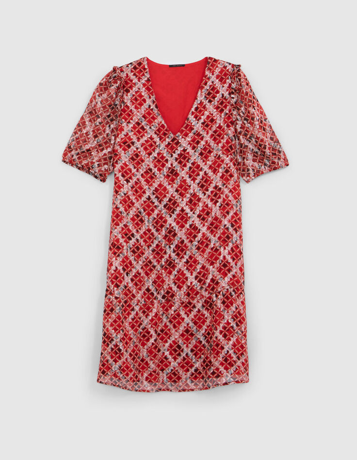 Robe courte en voile rouge imprimé Trellis femme-6 Robe courte en voile rouge imprimé Trellis femme-6