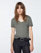 Kaki T-shirt in viscose metallic draden en tekst dames-2
