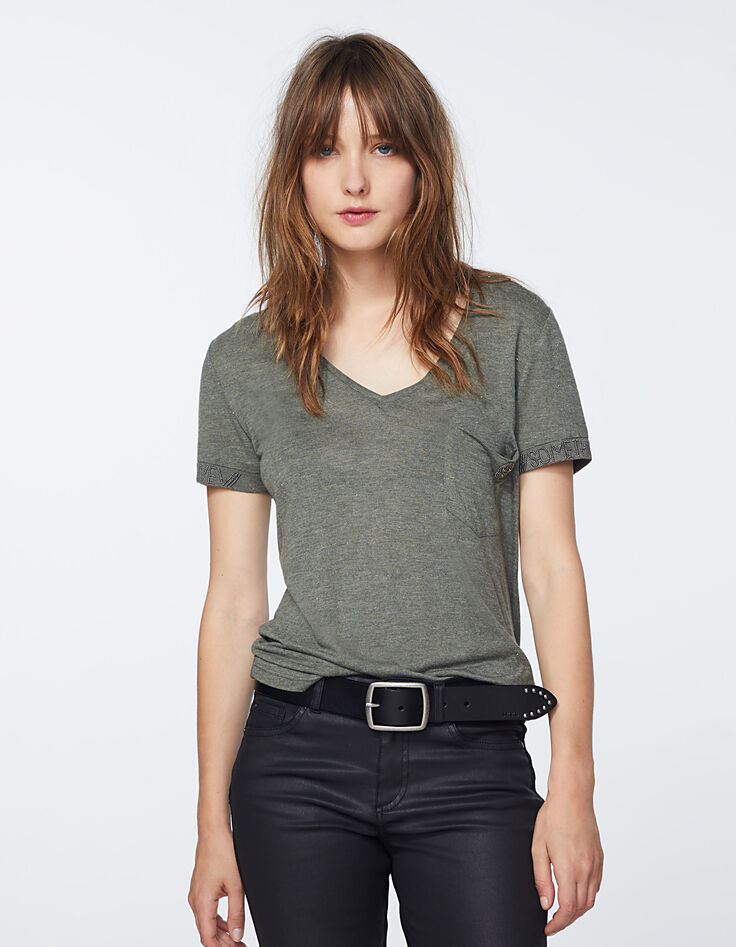 Kaki T-shirt in viscose metallic draden en tekst dames-2
