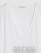 Women's white V-neck tee with embroidered message-5