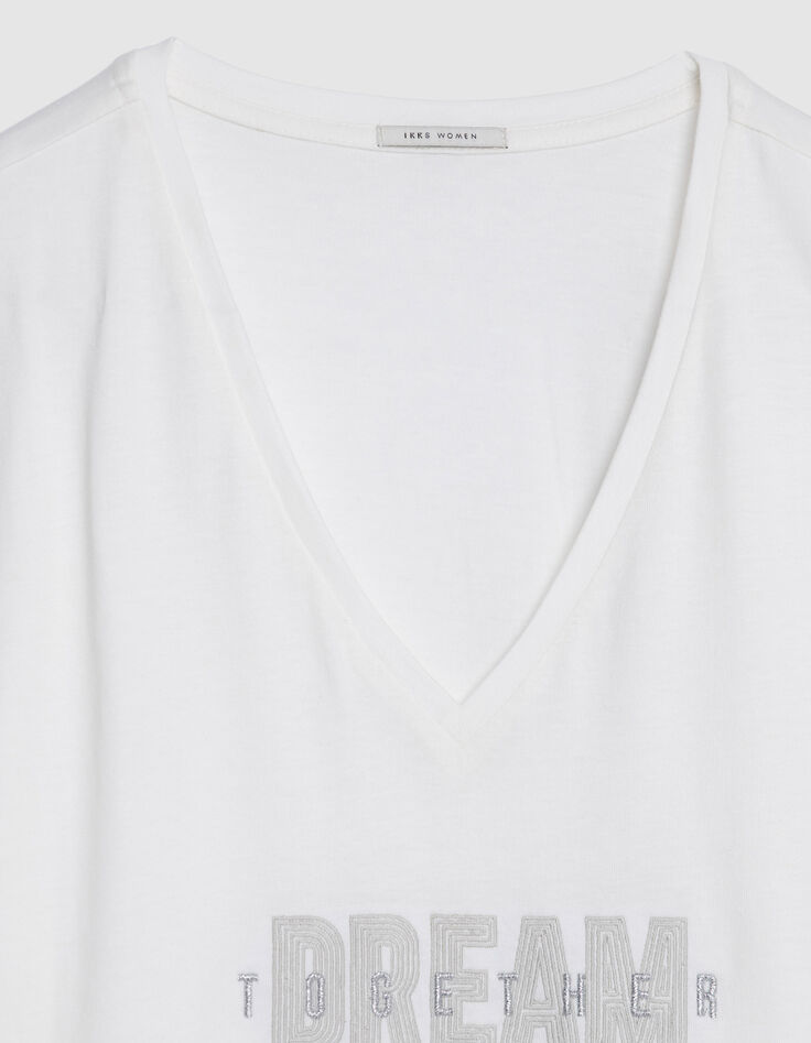 Women's white V-neck tee with embroidered message-5