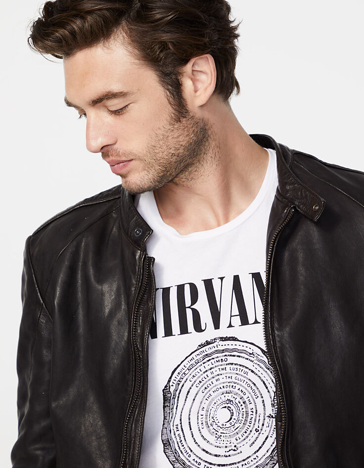 Men’s black leather sweatshirt fabric hooded jacket-6