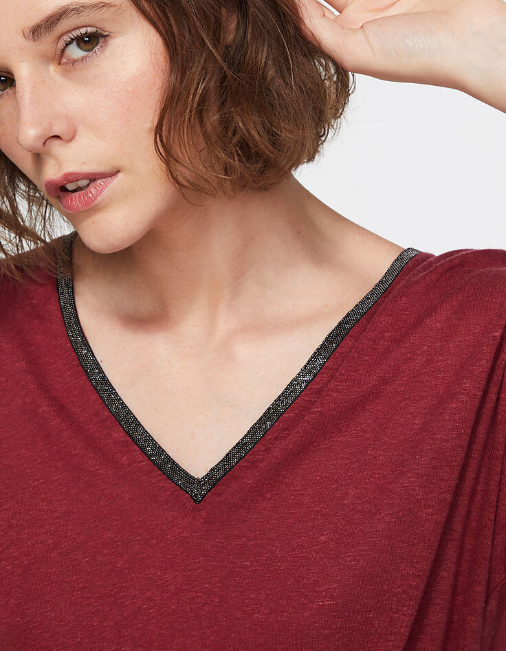 Camiseta de lino granate cuello con perlas joya para mujer-4 Camiseta de lino granate cuello con perlas joya para mujer-4