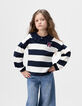 T-shirt marinière marine rayé écru col brodé fille-1