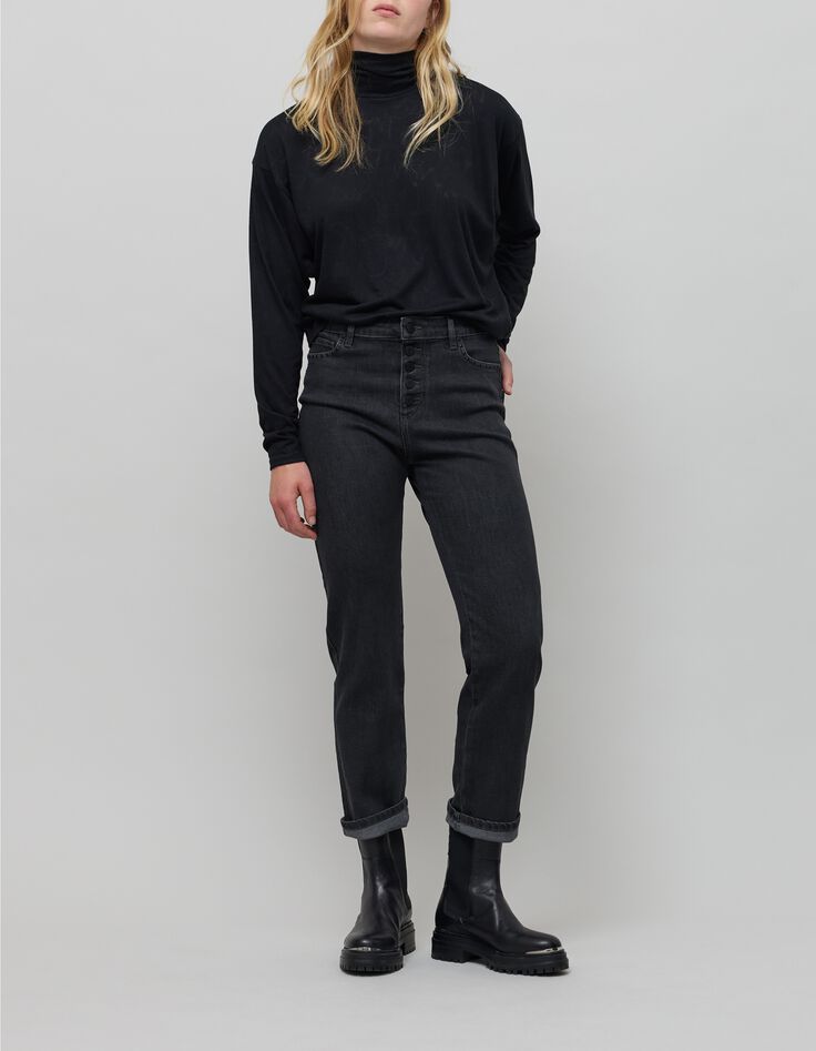 Jean droit noir délavé taille haute décor clous Femme-1