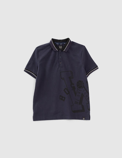 Boys’ navy polo shirt with black side marking - IKKS