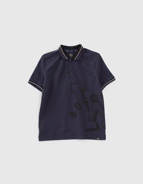 Boys’ navy polo shirt with black side marking