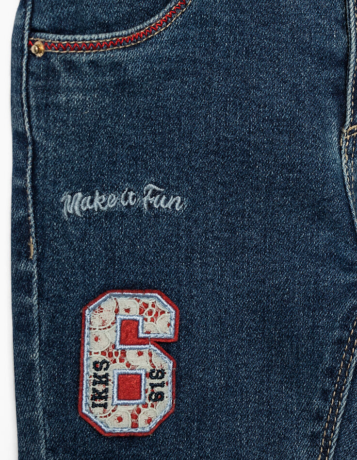 Girls' stone blue skinny jeans+patches+embroidery-5