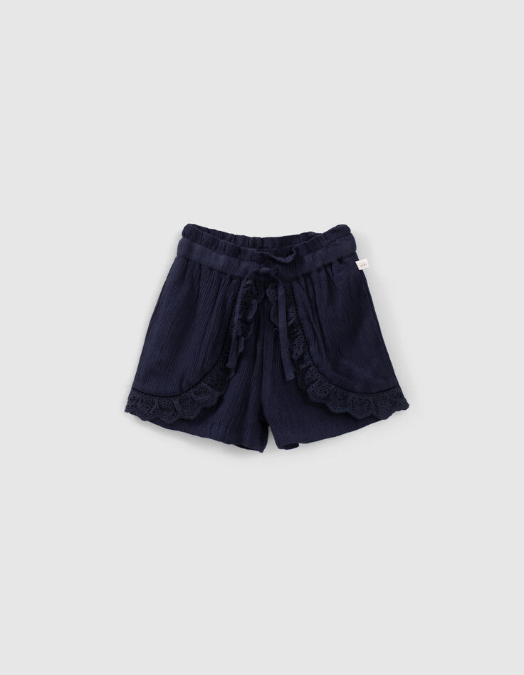 Baby girls’ navy shorts with embroidered ruffles-1