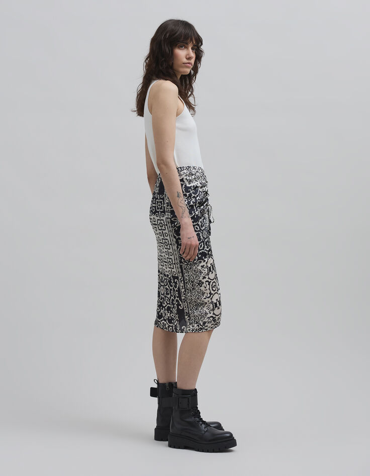 Falda negra fruncida estampado patchwork pa&ntilde;uelo Mujer-3
