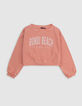 Sweat orange cropped message pailleté fille-3