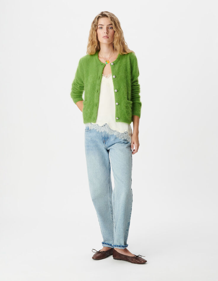 Cardigan vert tricot mousseux 100% laine Femme-1