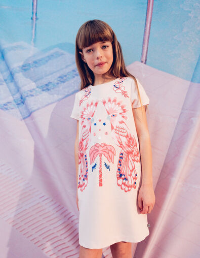 Girls’ pink dress, with parrots, mirrors, neon threads - IKKS