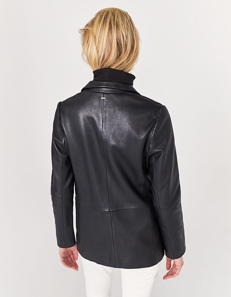 Veste mi- longue en cuir d'agneau noir femme-4