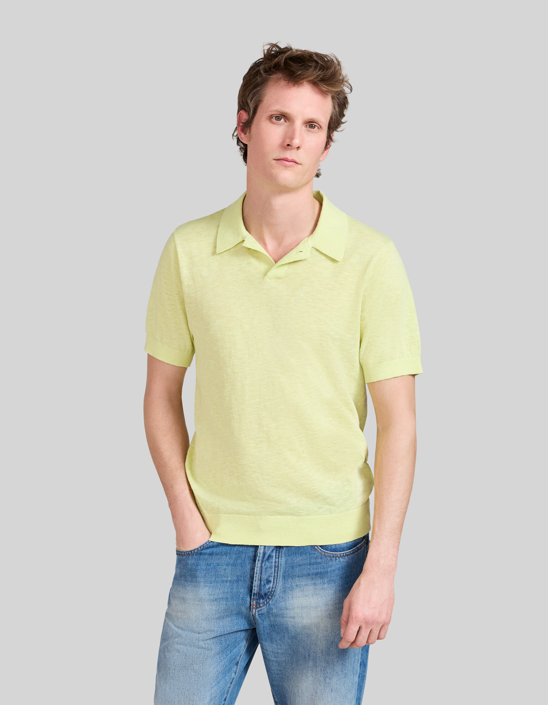 Anisfarbenes Herrenpoloshirt mit Ajours Strick