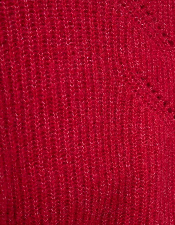 Women's red knit sweater with bow sewn on back