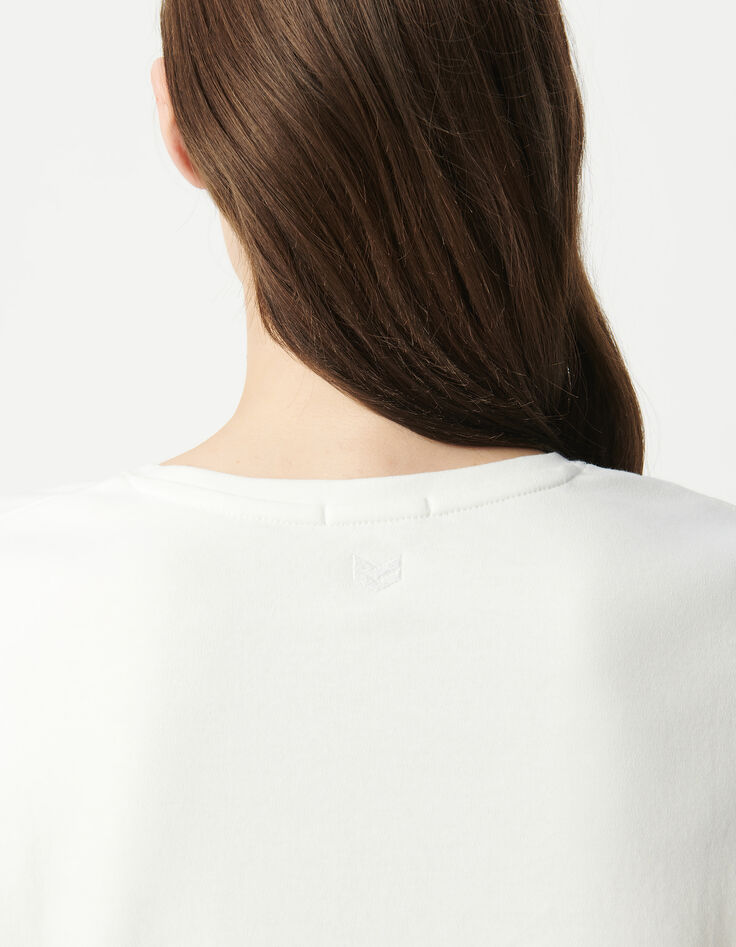 Weißes Damen-T-Shirt mit Rundhalsausschnitt und Fischgrätenstickerei-5