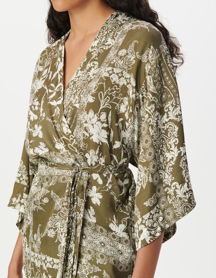 Chemise kimono kaki imprimé foulard Femme-4 Chemise kimono kaki imprimé foulard Femme-4