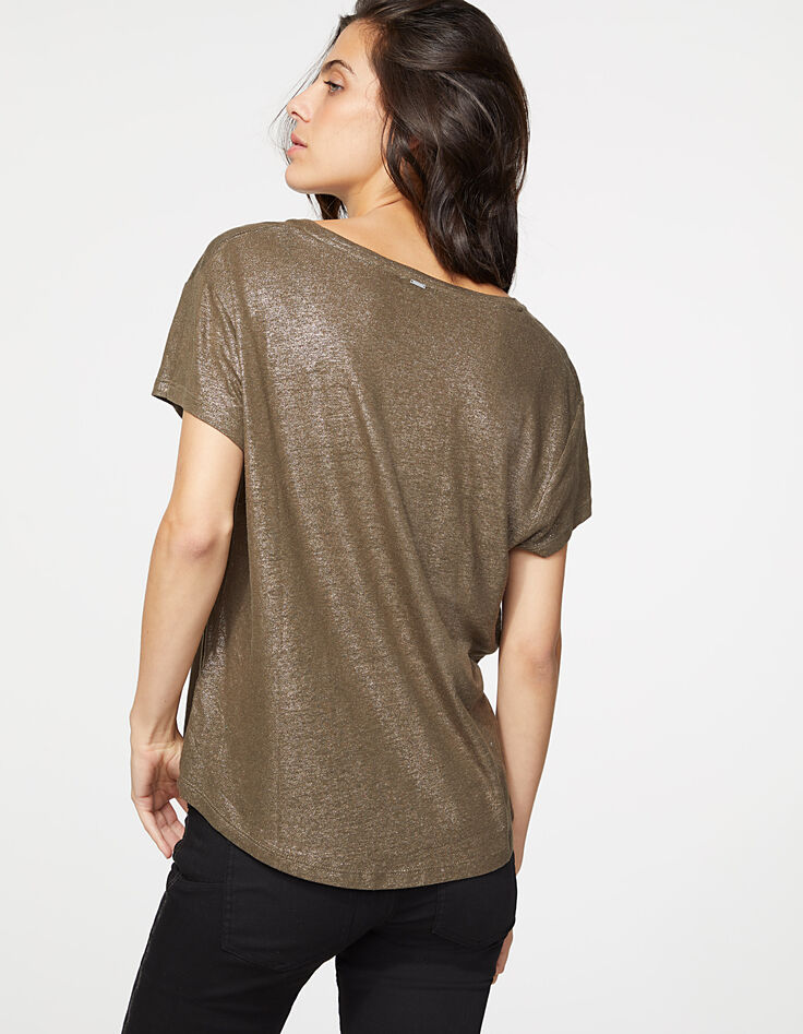Women's bronze foil linen wide-cut V-neck T-shirt-3