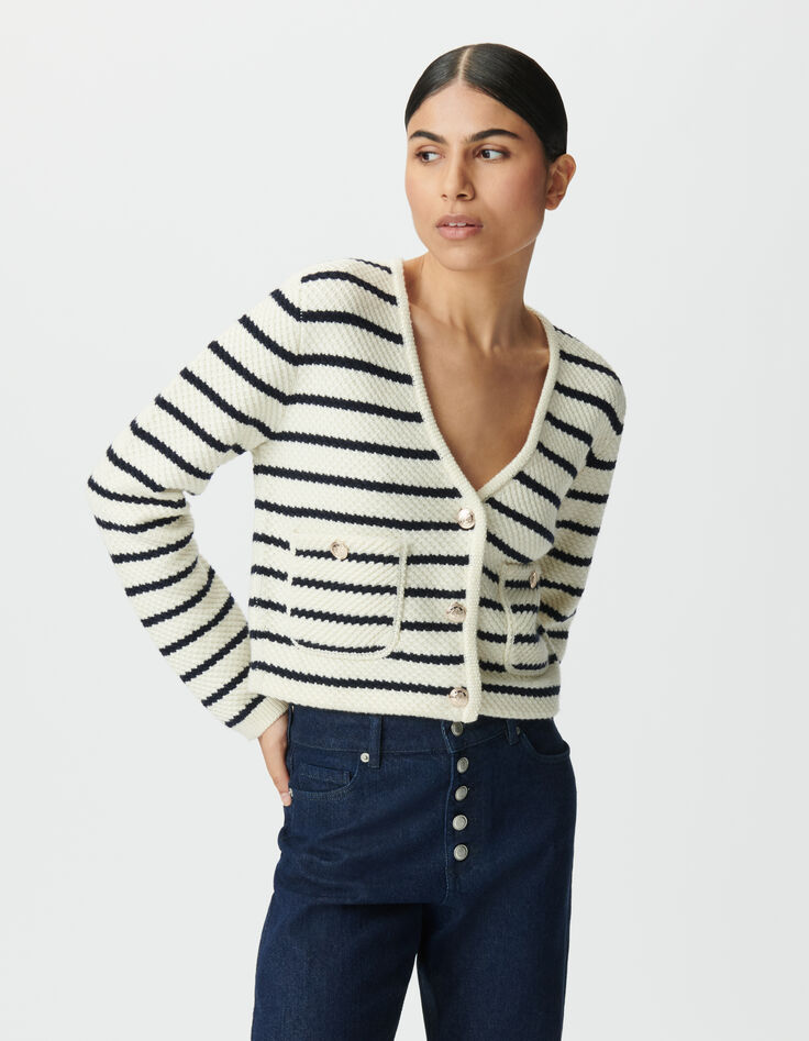 Cardigan marinière tricot marine et blanc Femme-2