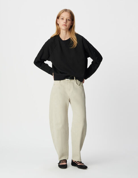Schwarzes Damen-Oversize-Sweatshirt Stick Streifen Ärmel - IKKS