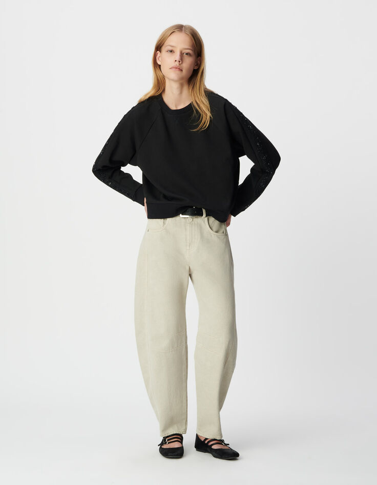 Schwarzes Damen-Oversize-Sweatshirt Stick Streifen Ärmel-1