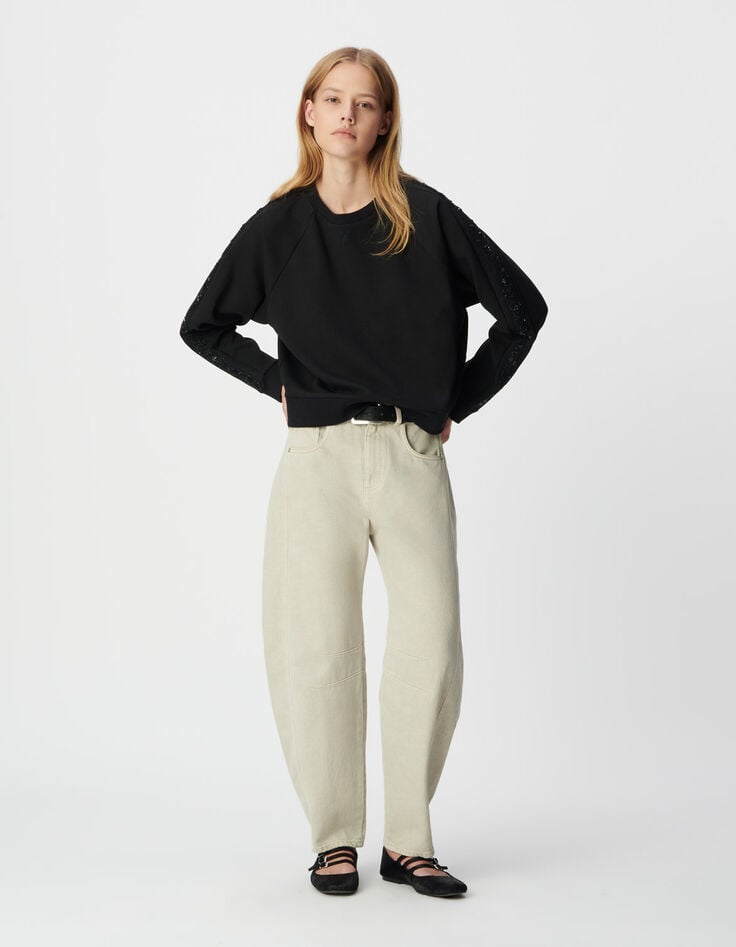 Schwarzes Damen-Oversize-Sweatshirt Stick Streifen Ärmel-1 Schwarzes Damen-Oversize-Sweatshirt Stick Streifen Ärmel-1