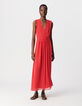 Robe longue rouge détail plissé taille Femme-1