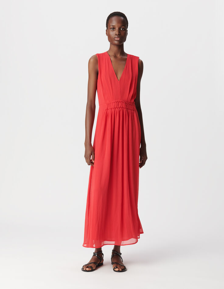 Robe longue rouge détail plissé taille Femme-1