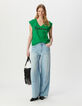 Green V-neck T-shirt with slogan-1