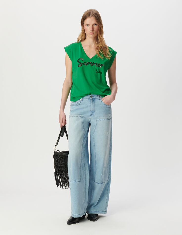 Green V-neck T-shirt with slogan-1