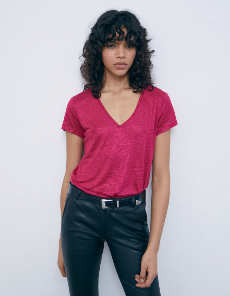 Women’s redcurrant iridescent linen V-neck T-shirt-1 Women’s redcurrant iridescent linen V-neck T-shirt-1