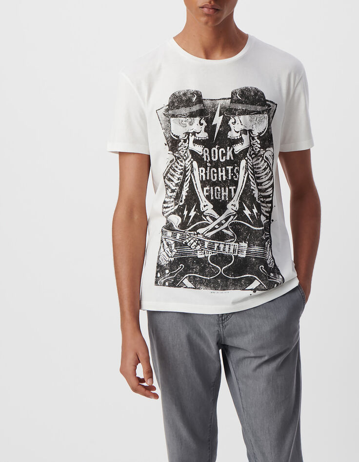Men&rsquo;s white organic cotton T-shirt with skeleton guitarist-2