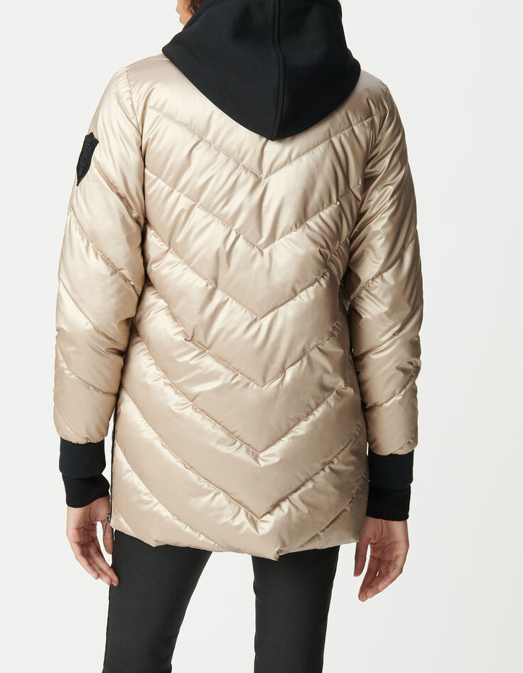 Women's gold padded jacket with black fleece hood-3