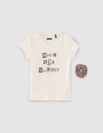 Girls’ ecru organic cotton slogan T-shirt with scrunchie - IKKS