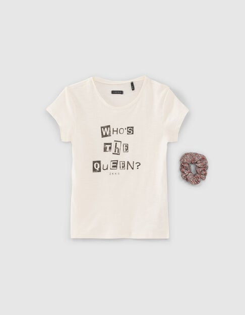 Girls’ ecru organic cotton slogan T-shirt with scrunchie