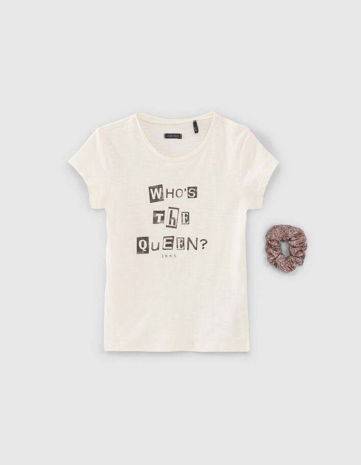 Girls’ ecru organic cotton slogan T-shirt with scrunchie-1