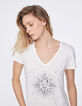 Tee-shirt col V blanc cassé en coton flammé visuel imprimé-4