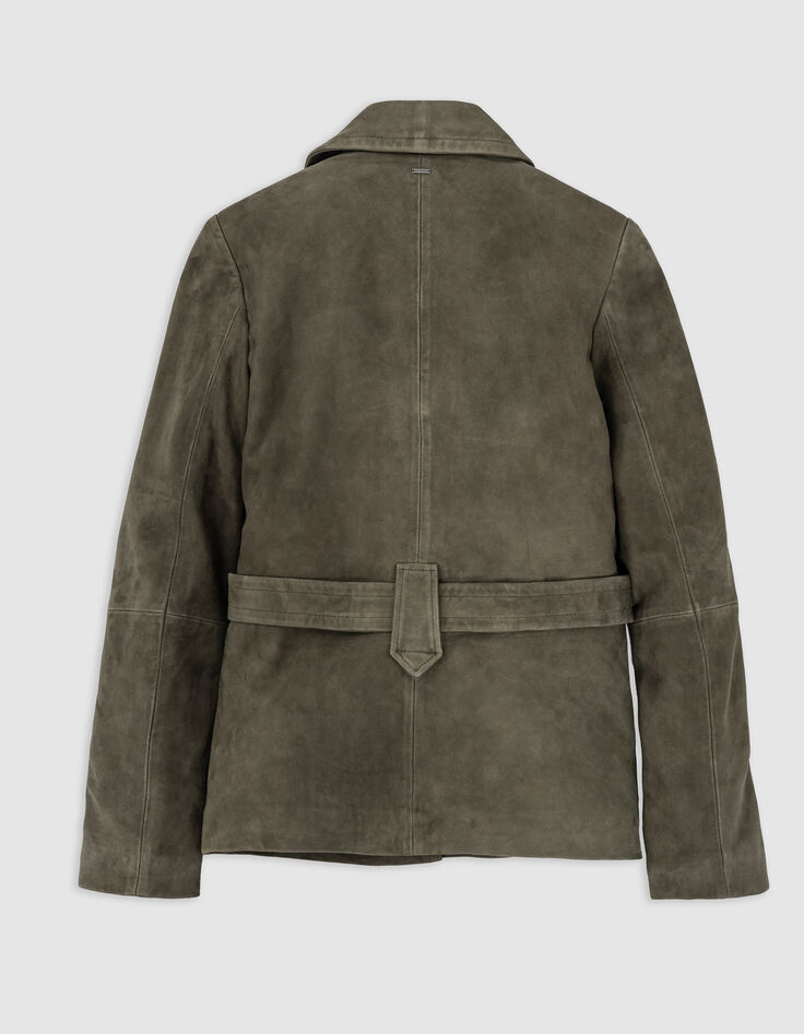 Veste saharienne kaki en cuir velours ceinturée Femme-3