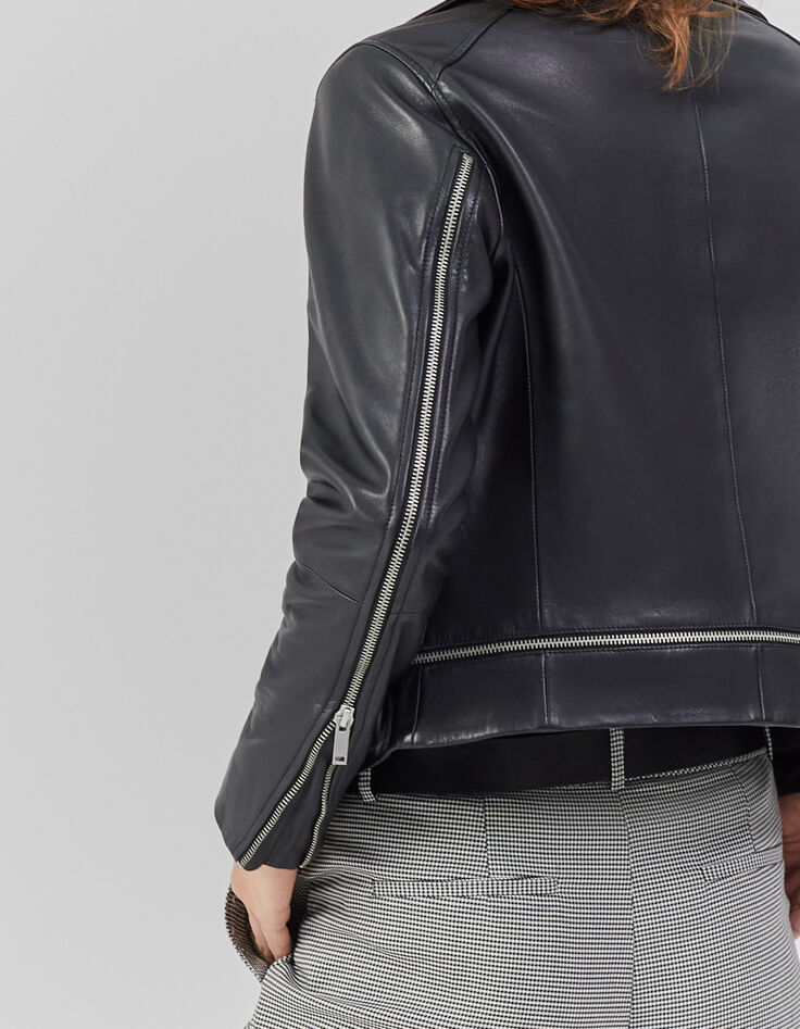 Veste en cuir noir esprit motard multi zips Femme-5