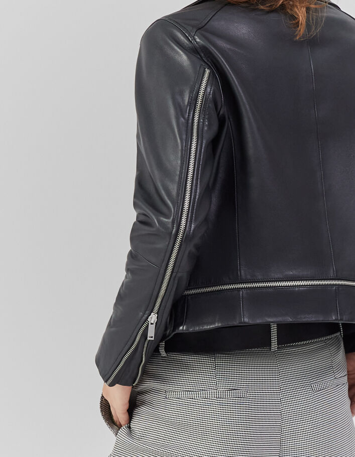 Women’s black leather multi-zip biker-style jacket - IKKS