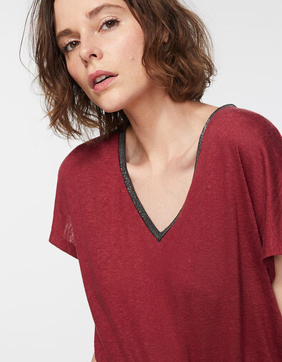 Camiseta de lino granate cuello con perlas joya para mujer - IKKS