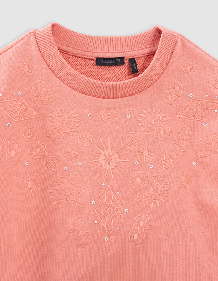 Sweat rose décor broderies et oeillets fille-5
