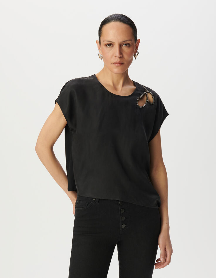 Top noir découpe brodée à nouer côté Femme-2