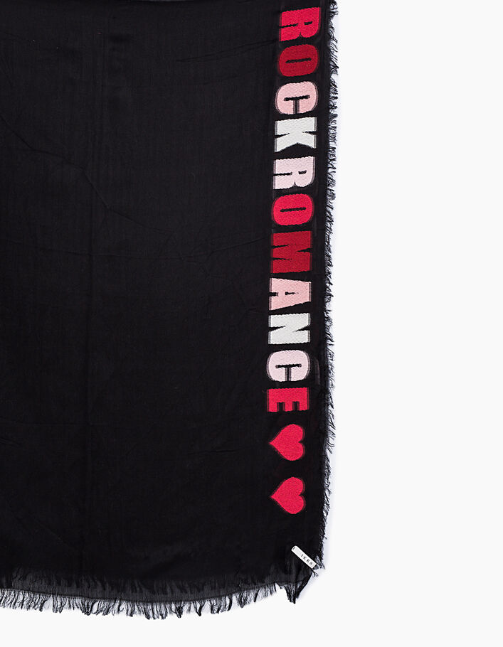 Women’s black embroidered slogan cotton modal fringe scarf - IKKS